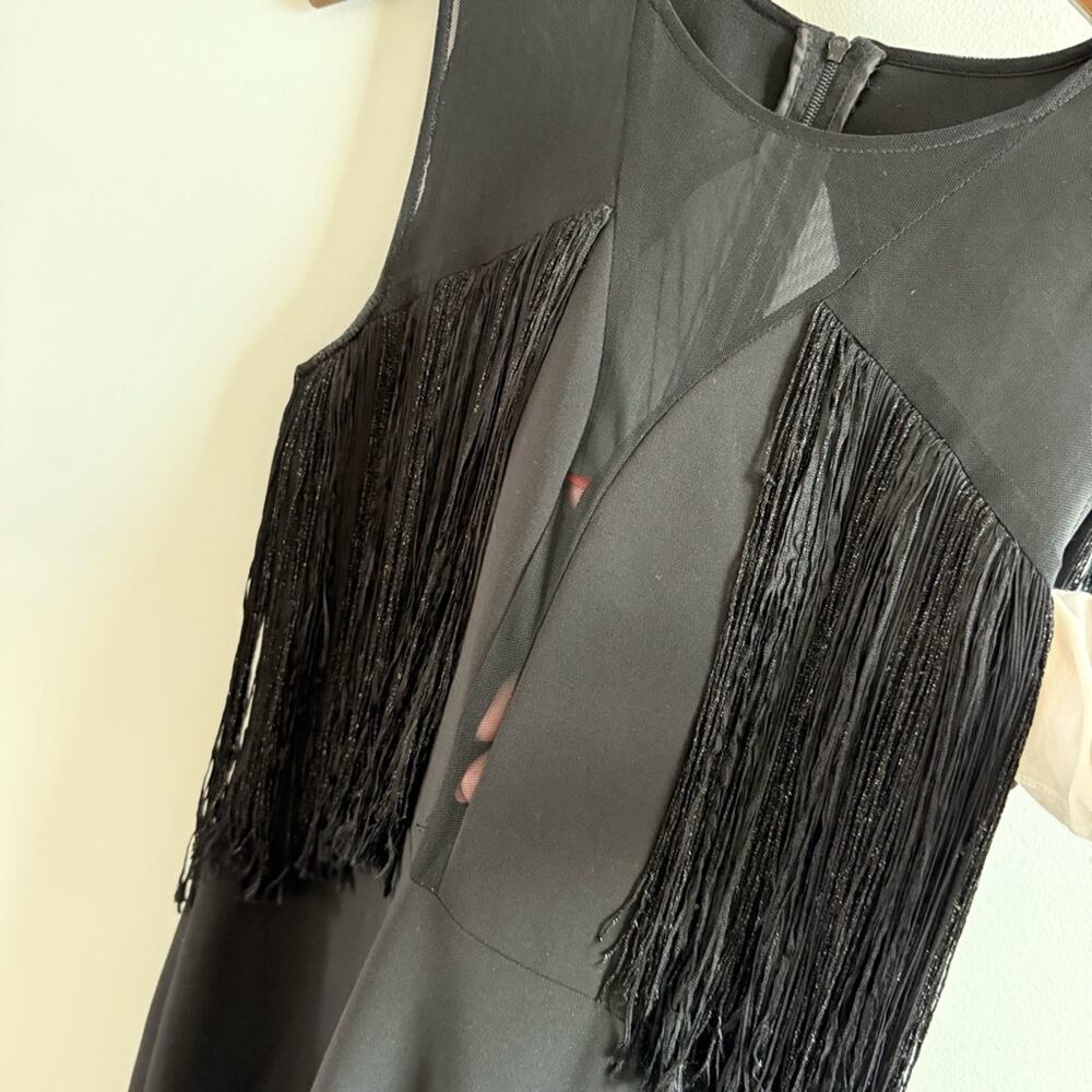Sandro Paris | Women’s Black Deep V-Neck Mesh & Tassels Fringe Sleeveless Dress - Picture 6 of 14